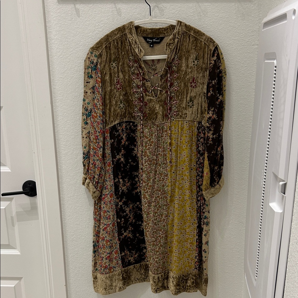 Vintage-Inspired Patchwork Long Sleeve Dress - Multi Brown Floral
